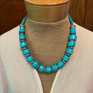 natural dyed bone bead chunky tribal statement necklace turquoise blue silver